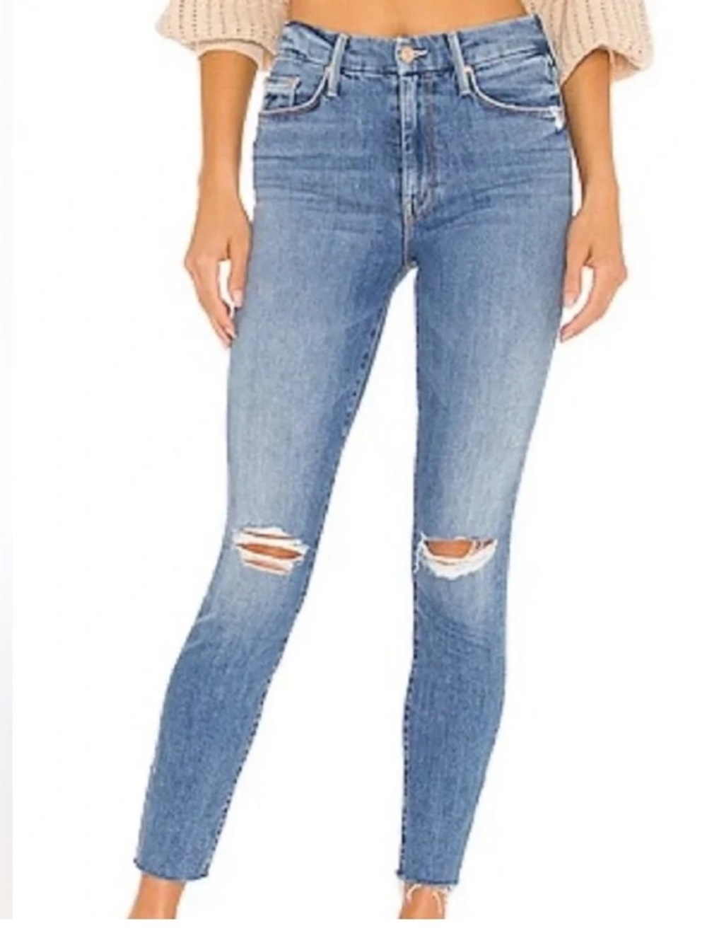 MOTHER The Looker Ankle Fray Jeans Mid Rise Skinny Denim Medium Wash Raw Hem